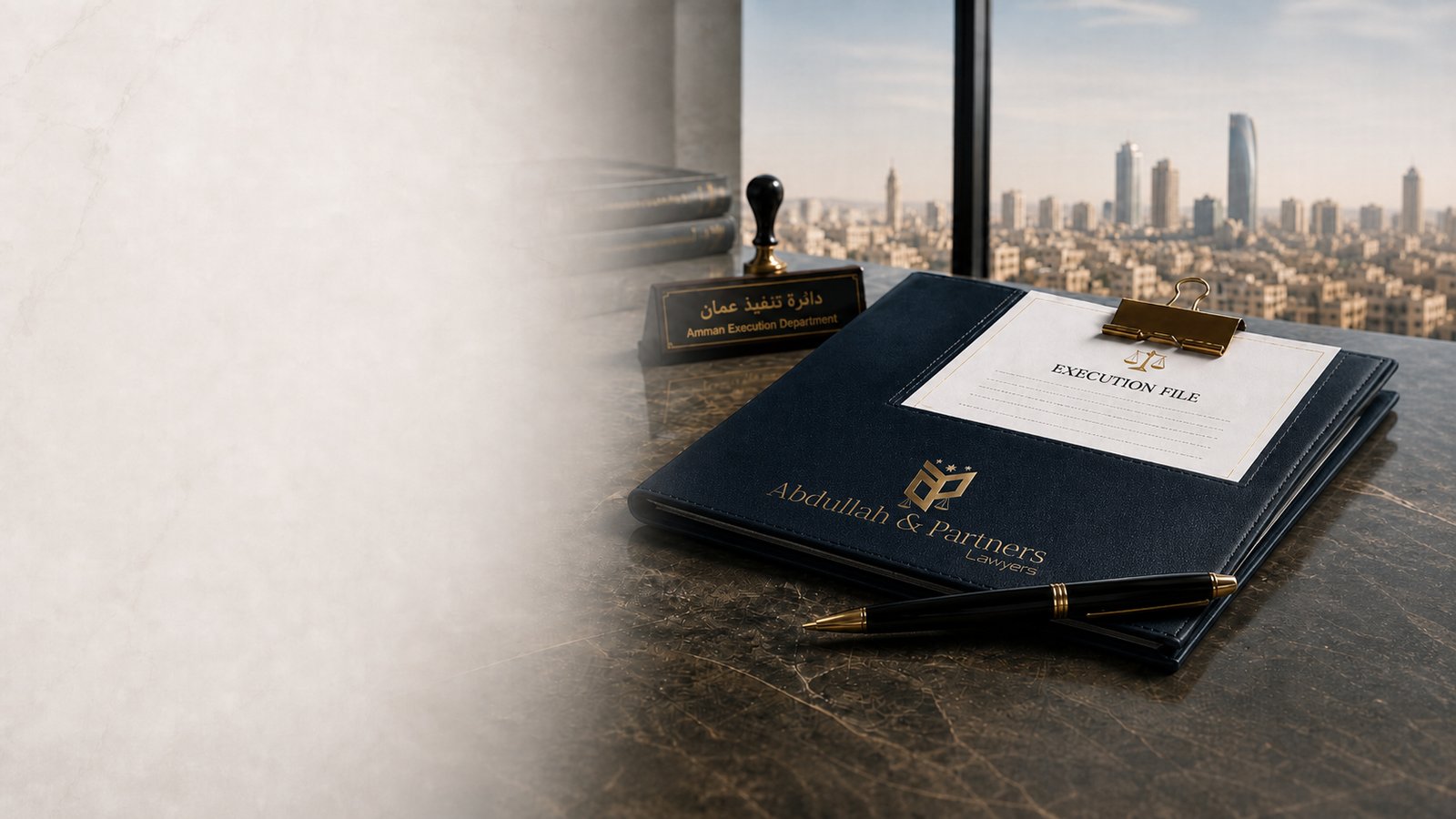 Lawyer at a desk with calculator and contract documents, debt recovery in Jordan