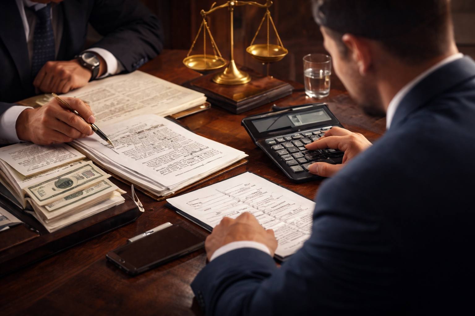 Debt recovery in Jordan: accountants reviewing ledgers with scales of justice and calculator
