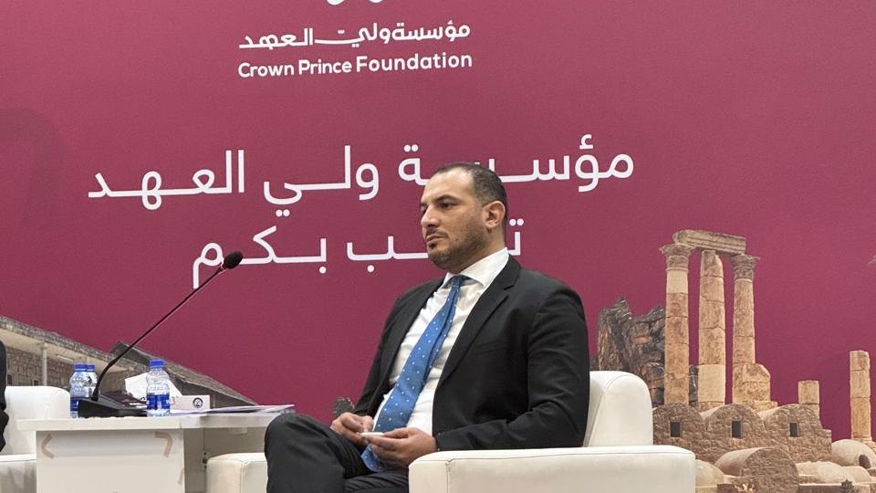 Lawyer Abdullah Jaradat speaking at a Crown Prince Foundation youth session at Tafileh Technical University