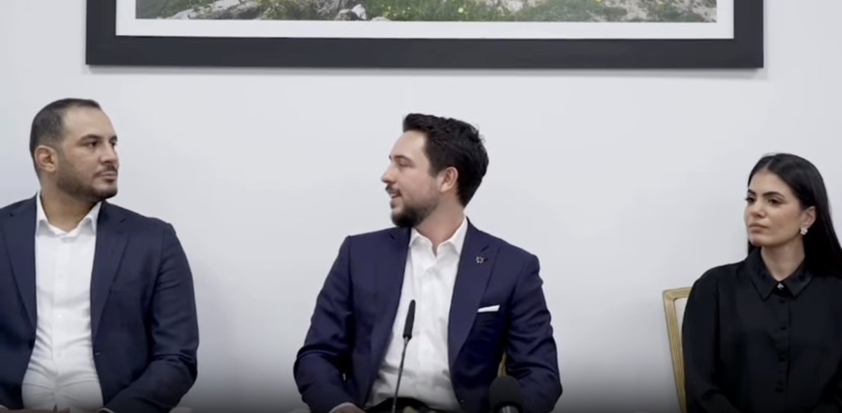 His Royal Highness Crown Prince Al Hussein bin Abdullah II seated with a group of young people from Irbid Governorate, among them lawyer Abdullah Jaradat